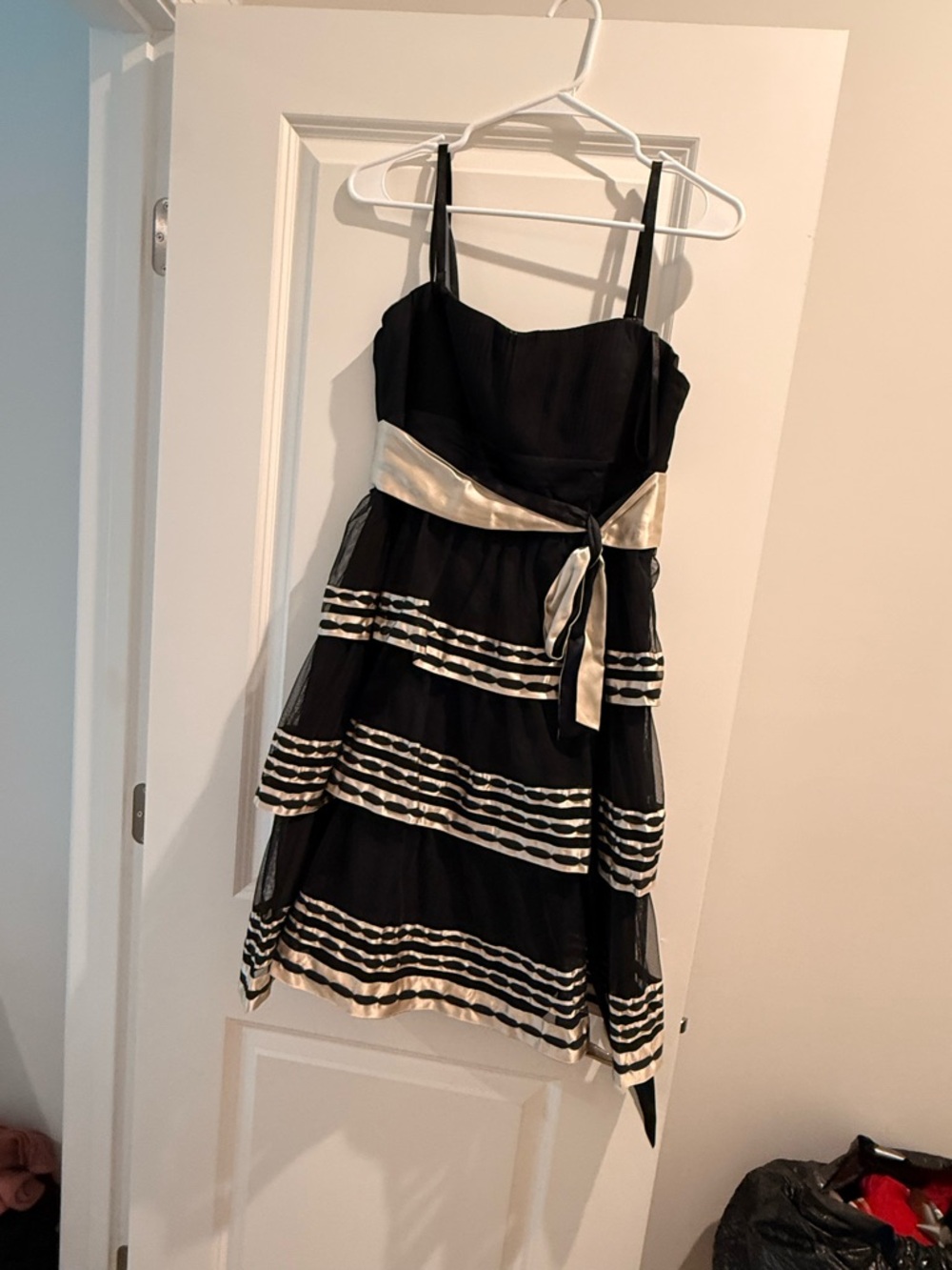 BCBGMaxAzria Black Dress with Ivory Sash and Tiered Stripe Accents